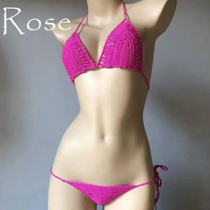 Hand-woven Hollow Bikini Women's Swimsuit-RoseRed-8