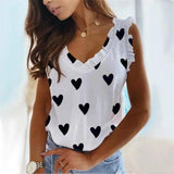 Heart Print V-Neck Ruffled Pleated T-Shirt Top-White-6