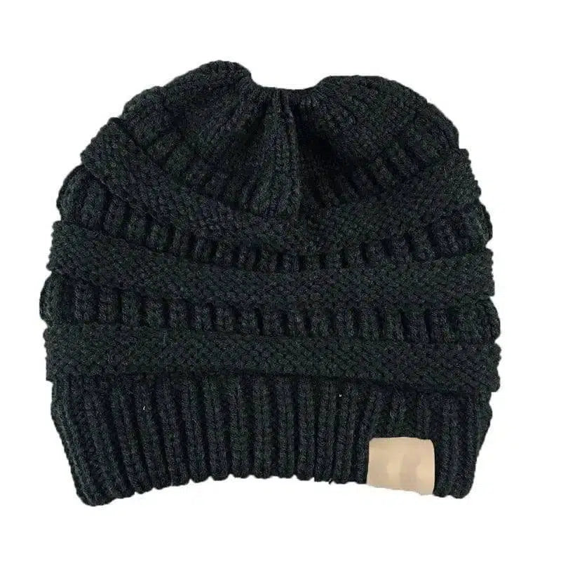 High Bun Ponytail Beanie Hat Chunky Soft Stretch Cable Knit-BlackA-21