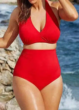 High waist bikini split chest pad swimsuit-Red-4