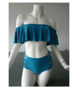 High Waist One Shoulder Split Bikini Swimsuit Ladies-Blue-4