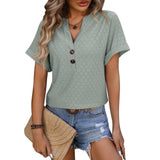 Hollow Circle Design T-shirt V-neck Button Solid Color-Green-2