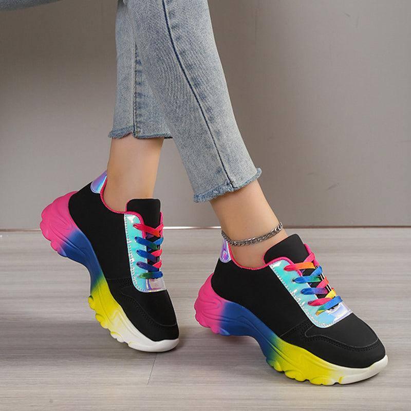 INS Style Rainbow Color Sports Shoes For Women Thick Bottom Lace-up Sneakers Fashion Casual Lightweight Running Walking Shoes-4