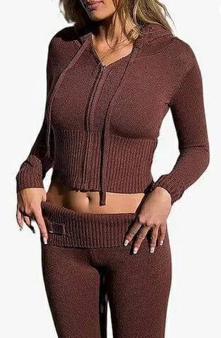 Knitted Hooded Suits Women's Fashion High Waist-Brown-9