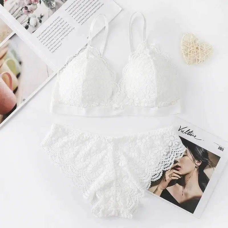 Lace Bra And French Lingerie Set-White-2