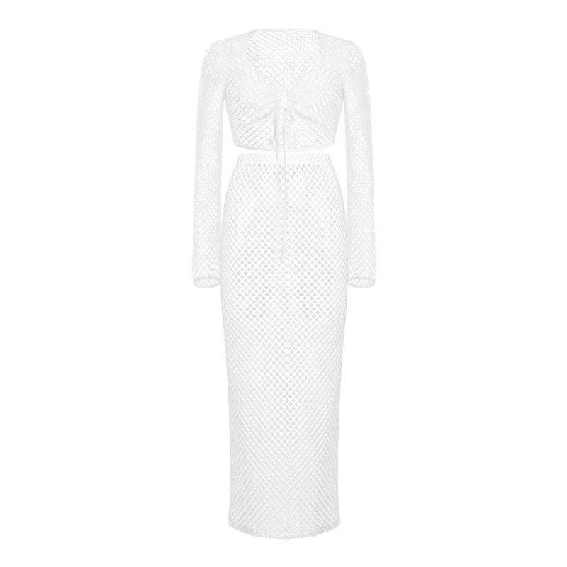 Lace Long Sleeve Narrow Casual Knitted Maxi Dress Suit-White-11