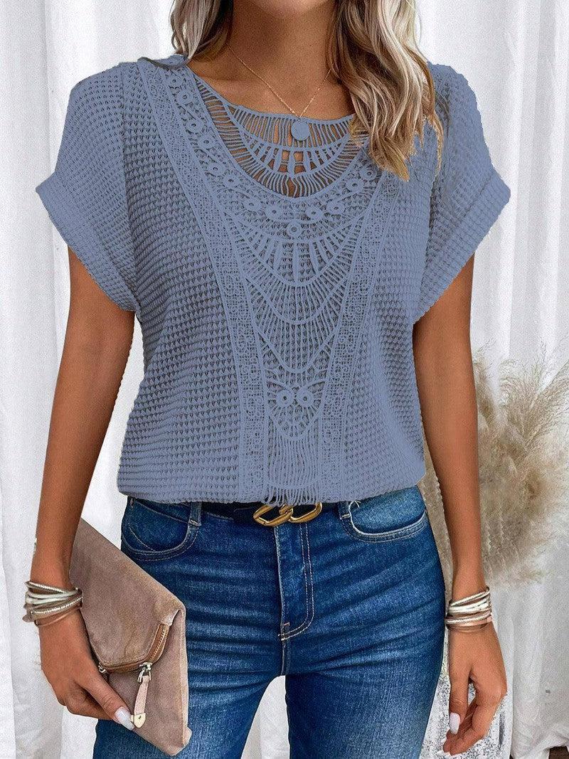 Lace Patchwork Short-sleeved T-shirt Women's Clothing-Blue-10