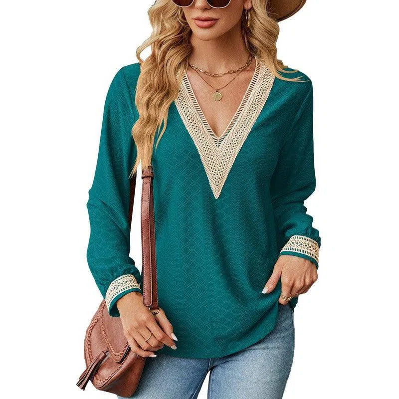 Lace Stitching V-neck T-shirt Loose Long-sleeved Solid Color Top For Women-Blue-7