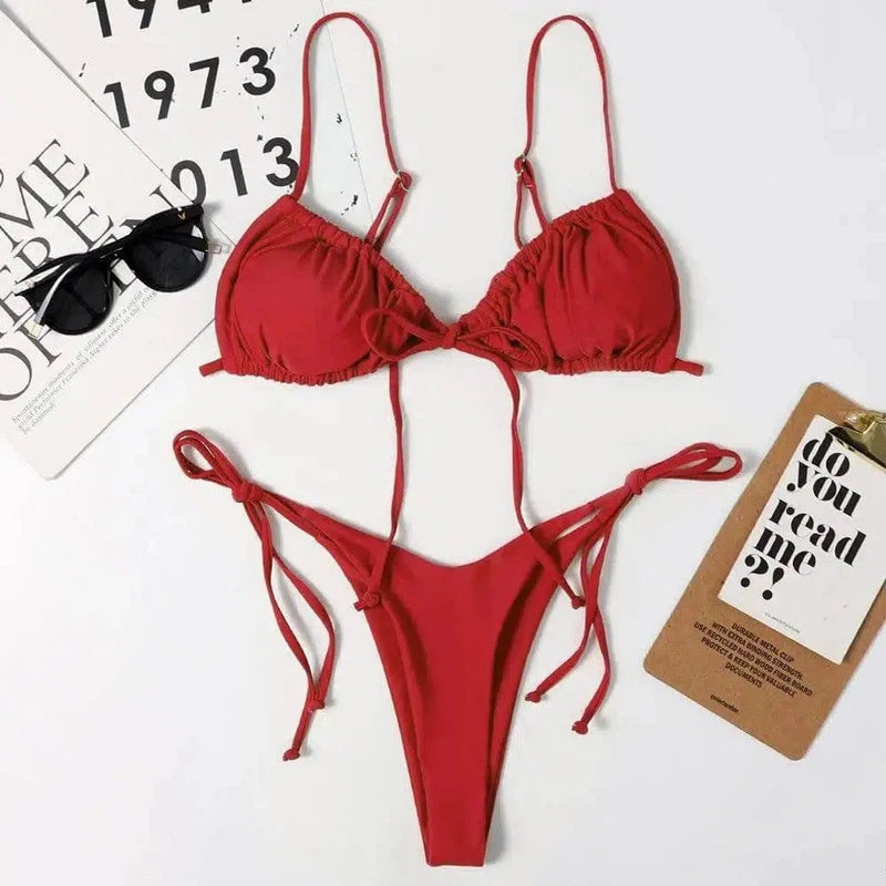 Ladies Swimsuit Solid Color Split Drawstring Thong-Red-2