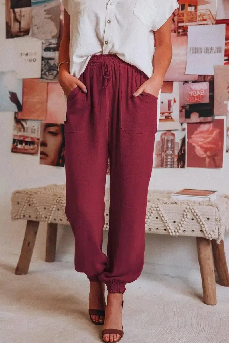 Lantern Pants Solid Cotton Linen Pants-Wine Red-3