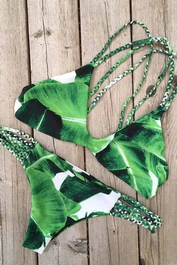 Leaf Pattern Bikini Set Swimwear Bathing Suit Braided-3