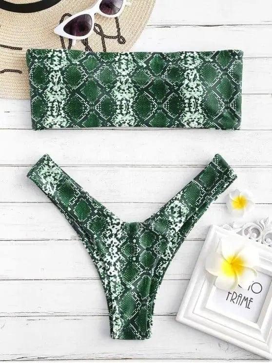 Trendy Snake Print Bikini Set for Beachwear-Green-4