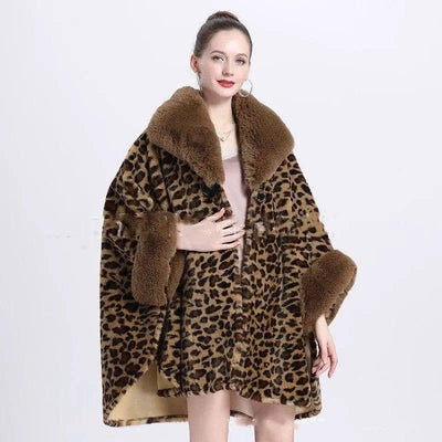 Leopard Print Big Hair Leader Mouth Cardigan Cape Women-6