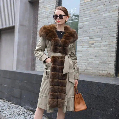 Long Detachable Rex Rabbit Liner Fur Coat-Khaki-1