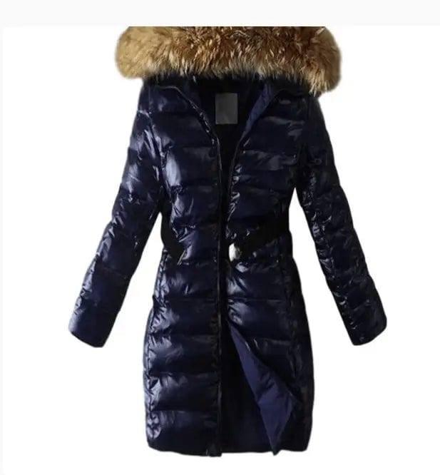 Long Quilted Jacket With Fur Collar And Raccoon Fur-Royal blue-2