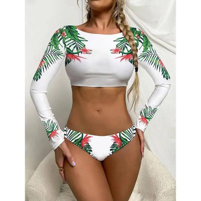 Long Sleeve Sunscreen Swimsuit Print Bikini-Greenleaves-4