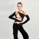 Long Sleeve Top Cut Out Asymmetrical Neck-7