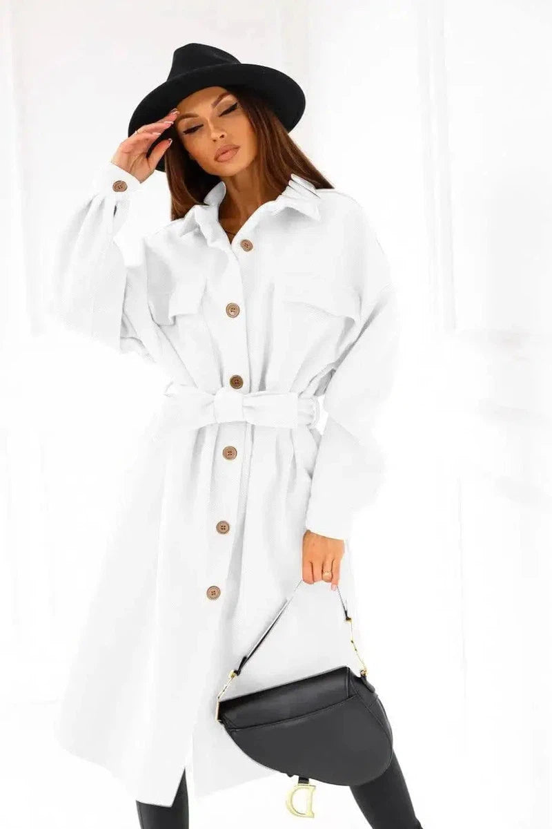 Long-sleeved V-neck Button Lace Woolen Coat Coat Women's-White-3