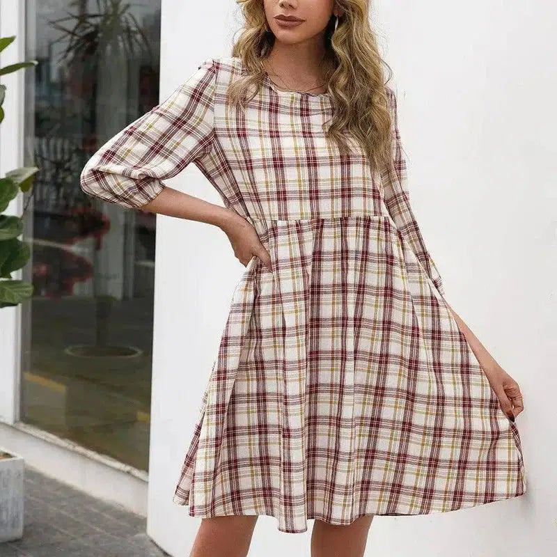 Loose Casual Pullover Plaid Dress Women-Winered-2