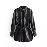 Belted Shirt Dress with Pockets for Women-Black-2