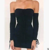 Bandage Dress Women Off Shoulder Long Sleeve Slim-Black-24