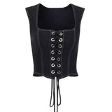 Bandage solid color denim navel vest-Black-2