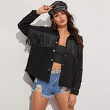 Beaded Loose Jacket Denim With Fringed Fringe-Black-1