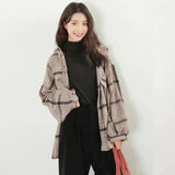 Women's Plaid Oversized Jacket with Pockets-Red-1