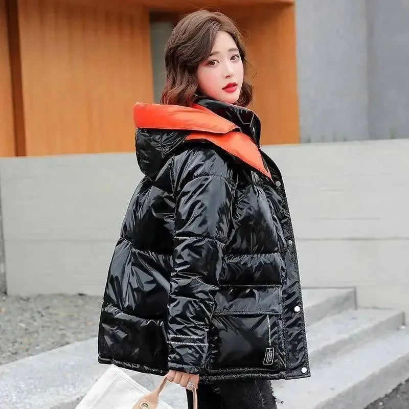 Casual fashion contrast color shiny down coat-Orange-5