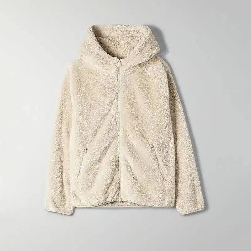 Casual Solid Color Long Sleeve Fleece Hoodie-Beige-2