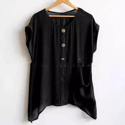 Women's Buttoned Linen Tunic Top-Black-1