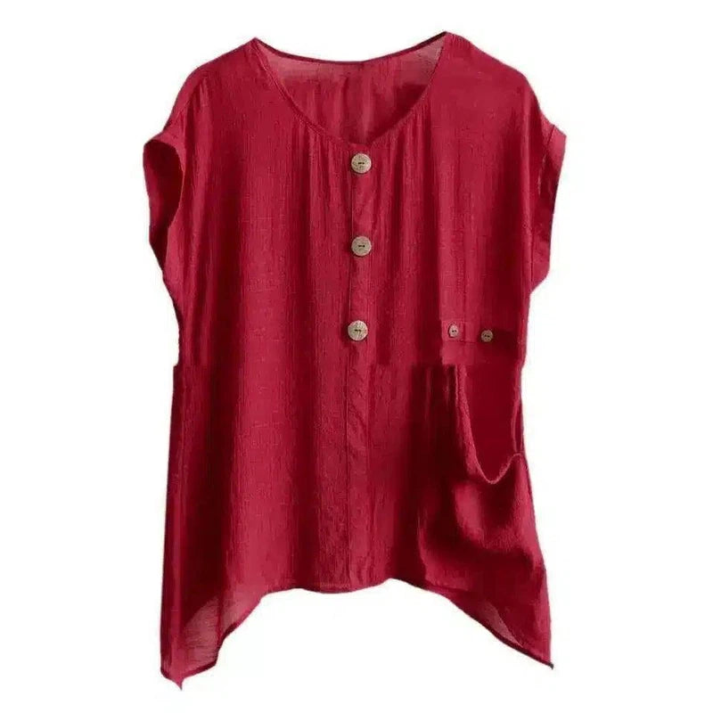 Women's Buttoned Linen Tunic Top-Wine Red-3