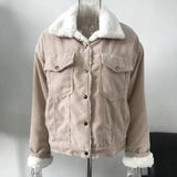 Corduroy lambskin padded jacket long-Light Khaki-2