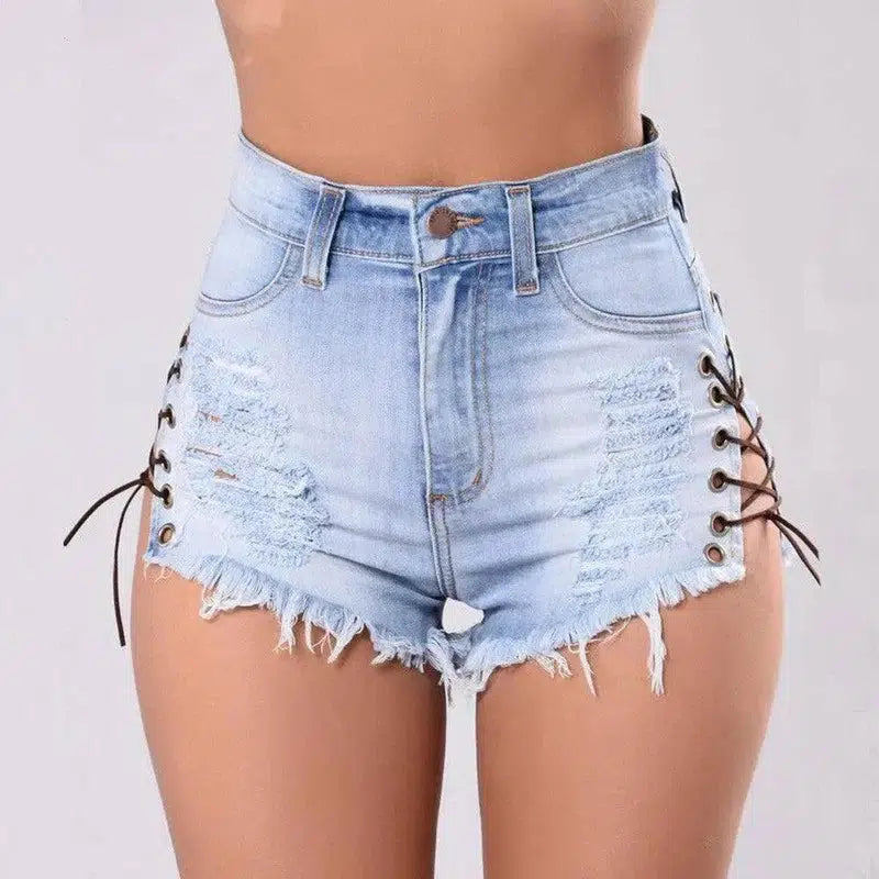 Cutoff Side Lacing Jeans Shorts-8