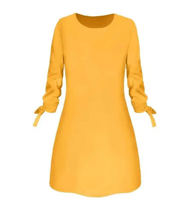 European and American solid color dress casual O-neck dress-Yellow-21