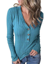 Women's V-Neck Buttoned Long Sleeve Top-Blue-5