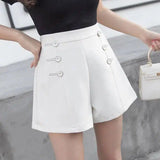 High waist Button Decoration Wide Leg Shorts-White-5