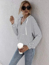 Striped Hooded Pullover with Front Pocket-Black and white-2