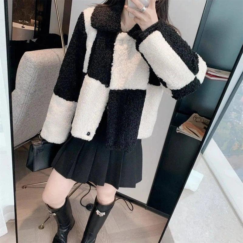 LOVEMI - Lovemi - Ladies Sheep Curly Wool Patchwork Short Coat