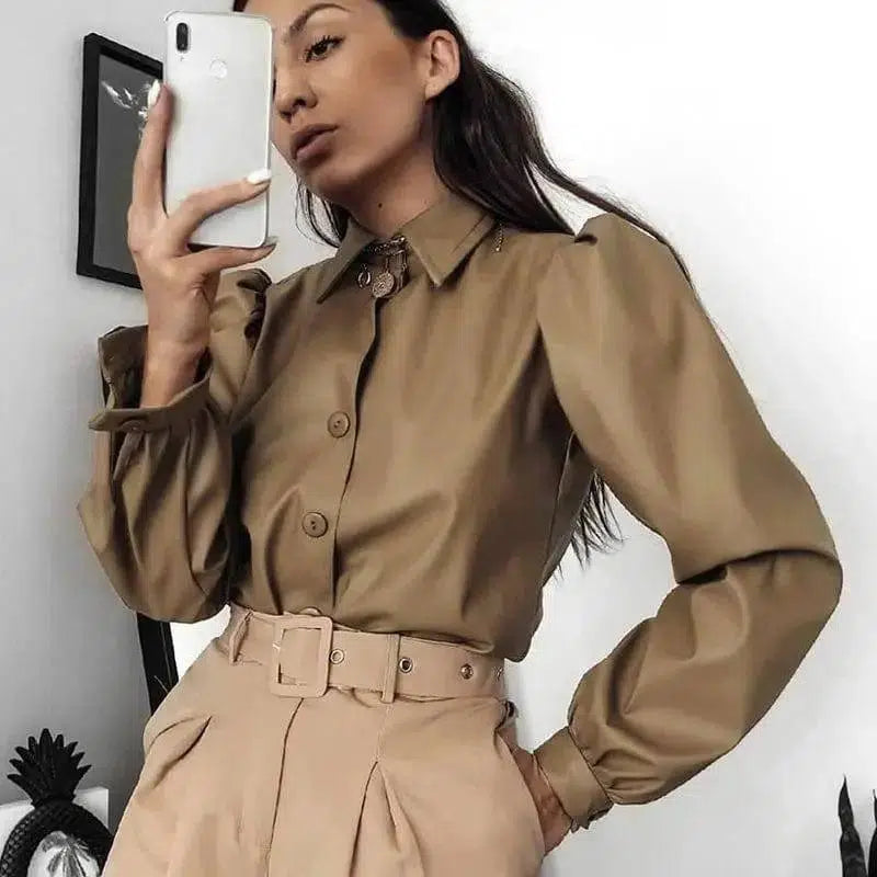 Long Puff Sleeve Turn Down Collar Women Leather Shirt-Khaki-5