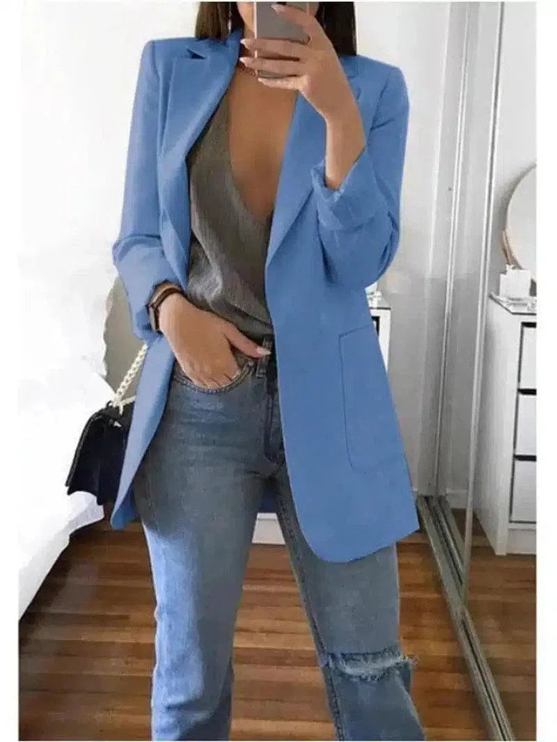 Chic Blazer and Jeans Ensemble for Women-Blue-5