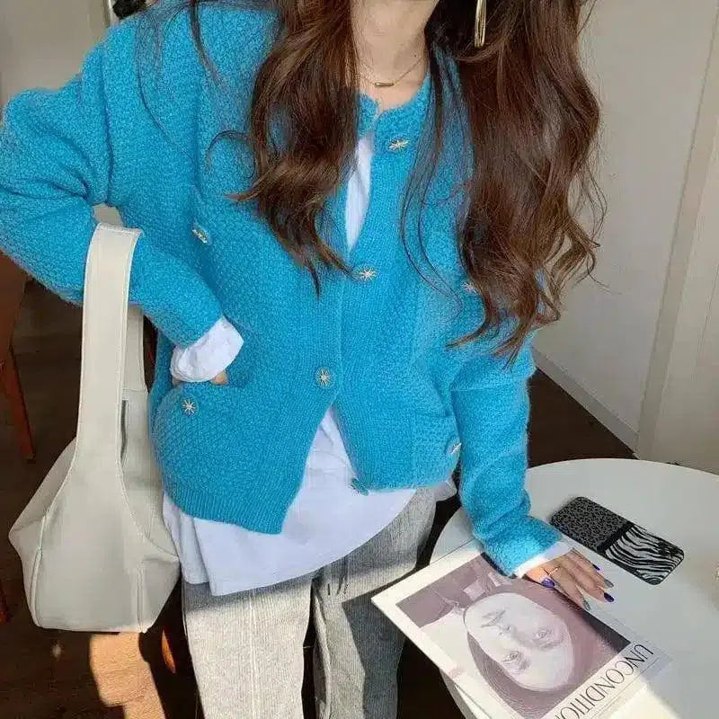 Warm Knit Cardigan with Pockets for Women-Blue-4