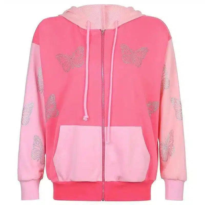 Women's Butterfly Embroidered Tracksuit Set-Coat pink-6