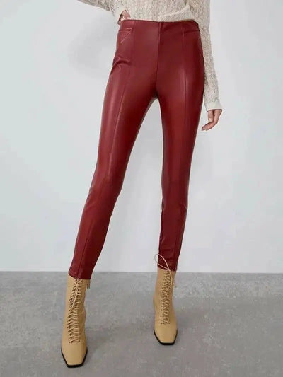 Mid-rise faux leather leggings-Red-3