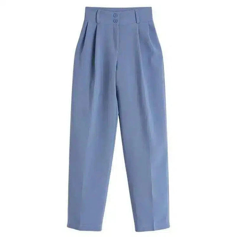 Womens Casual Blazer & High-Waist Trousers Set-Blue-6