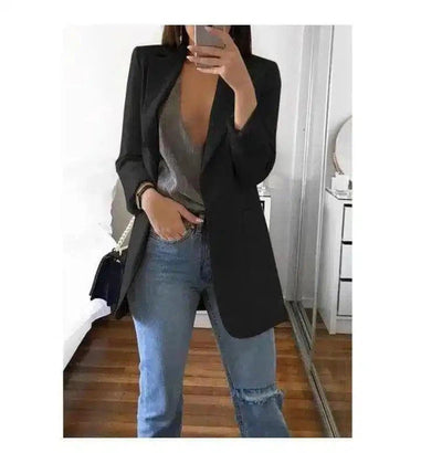 Office Lady Blazer Coats Lapel Long Sleeve Solid Cardigan-Black-12