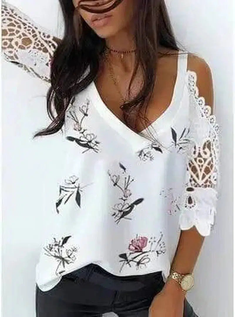 Patchwork Lace Ripped Off-Shoulder Chiffon Top-6