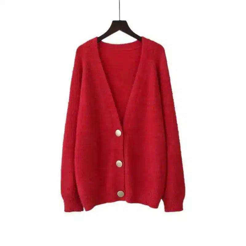 LOVEMI - Lovemi - Plush Net Red Knit Cardigan Gentle V-neck Loose