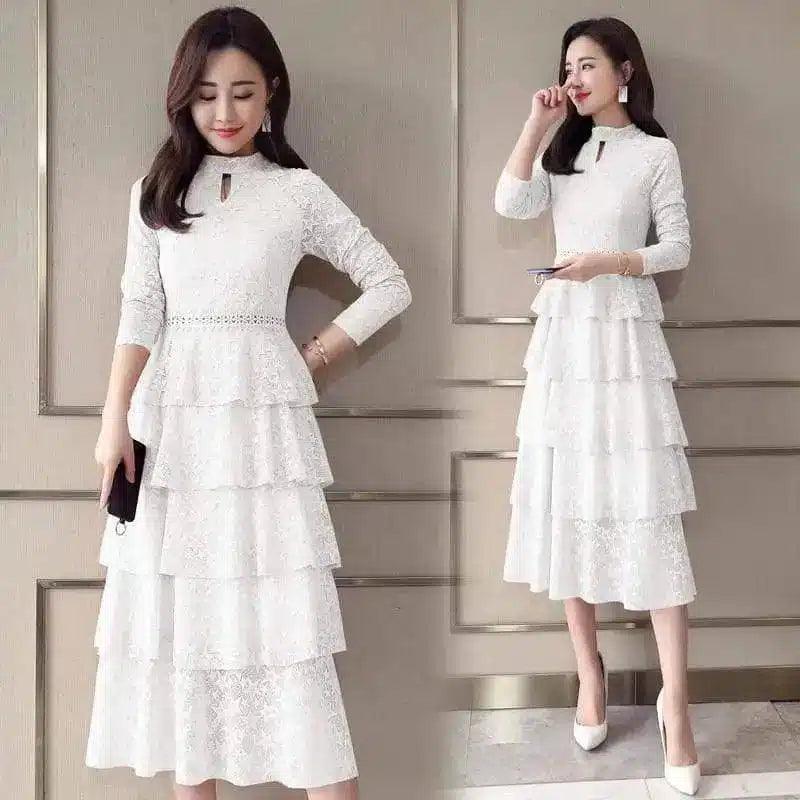 Elegant Lace Midi Dress with Tiered Skirt-White-3