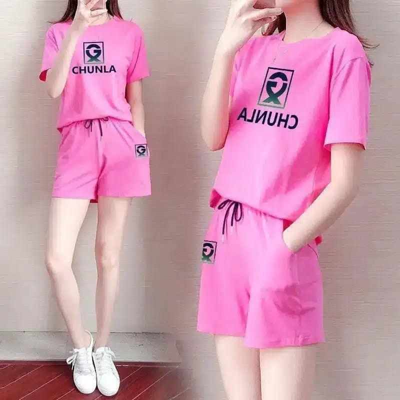 Women's Casual T-Shirt and Shorts Set-Rose Red-15